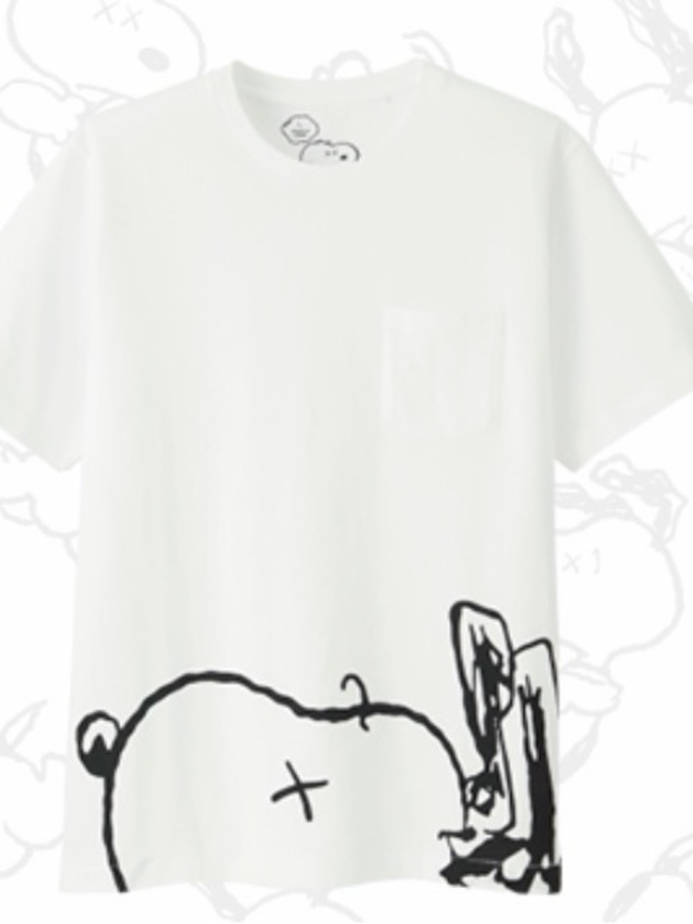 KAWS collab Peanuts Graphic Pocket Tee with Black Cartoon Print